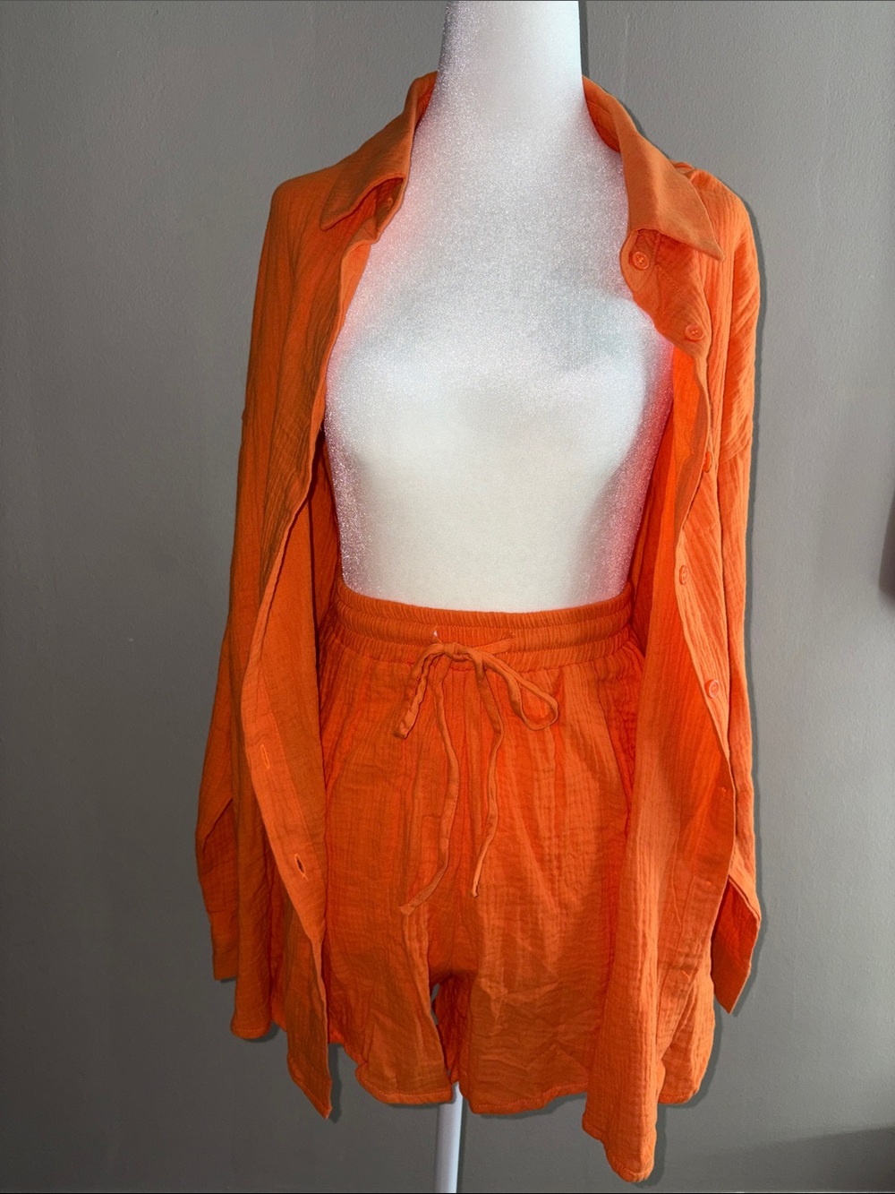 Lightweight Orange Button-Up Shirt & Drawstring Shorts Set